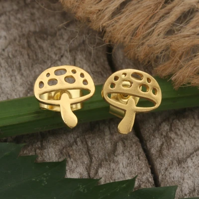 Gold-plated brass stud earrings, 'Little Mushroom' - Nature-Inspired 18k Gold-Plated Brass Mushroom Stud Earrings
