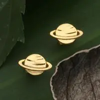 Gold-plated brass stud earrings, 'Saturn Diva' - Saturn-Themed Polished 18k Gold-Plated Brass Stud Earrings