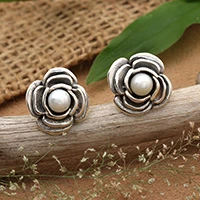 Cultured pearl button earrings, 'White Bouquet' - Sterling Silver and Grey Cultured Pearl Rose Button Earrings