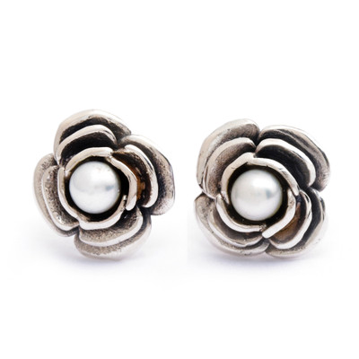 Cultured pearl button earrings, 'White Bouquet' - Sterling Silver and Grey Cultured Pearl Rose Button Earrings