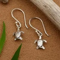 Sterling silver dangle earrings, 'Swimming Turtle' - Sea Turtle-Themed Oxidized and Polished Dangle Earrings