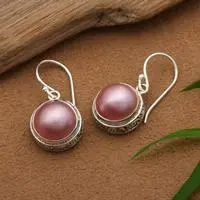 Cultured pearl dangle earrings, 'Gianyar Pink' - Folk Art-Inspired Pink Round Cultured Pearl Dangle Earrings