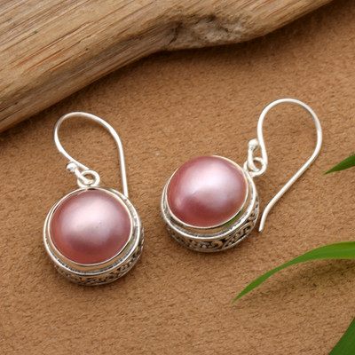 Cultured pearl dangle earrings, 'Gianyar Pink' - Folk Art-Inspired Pink Round Cultured Pearl Dangle Earrings