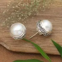 Cultured pearl button earrings, 'Moonlit Bali' - Birthstone Natural White Cultured Pearl Button Earrings