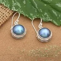 Cultured mabe pearl dangle earrings, 'Midnight Moon' - Silver Dangle Earrings with Blue Cultured Mabe Pearls