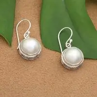 Cultured mabe pearl dangle earrings, 'Full Moon' - Bridal White Cultured Mabe Pearl Silver Dangle Earrings