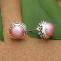 Cultured mabe pearl button earrings, 'Ethereal Moon' - Silver Button Earrings with Pink Cultured Mabe Pearls