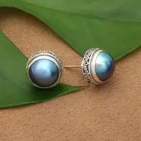 Cultured mabe pearl button earrings, 'Cloudy Moon' - Blue Cultured Mabe Pearl Sterling Silver Button Earrings