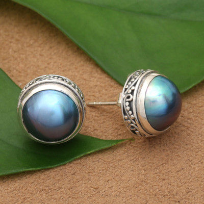 Cultured mabe pearl button earrings, 'Cloudy Moon' - Blue Cultured Mabe Pearl Sterling Silver Button Earrings
