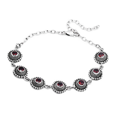 Garnet link bracelet, 'Carousel of Passions' - Balinese Folk Art-Themed Natural Round Garnet Link Bracelet