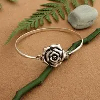 Sterling silver pendant bracelet, 'Valentine Petals' - Romantic Rose-Themed Sterling Silver Pendant Bangle Bracelet