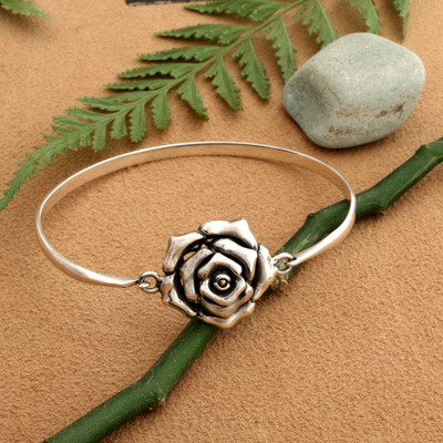 Sterling silver pendant bracelet, 'Valentine Petals' - Romantic Rose-Themed Sterling Silver Pendant Bangle Bracelet