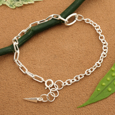 Sterling silver chain bracelet, 'Geometric Glimpse' - Minimalist Polished Sterling Silver Charm Chain Bracelet