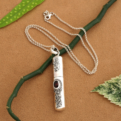 Garnet locket necklace, 'Passionate Spell' - Balinese-Inspired Natural One-Carat Garnet Locket Necklace
