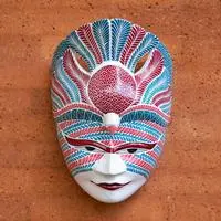 Wood mask, 'Javanese Birdman' - Bird-Inspired Hand-Painted Teal and Red Albesia Wood Mask