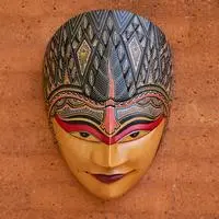 Wood mask, 'Memories of Panji Semirang' - Folk Art-Inspired Painted Red and Black Albesia Wood Mask