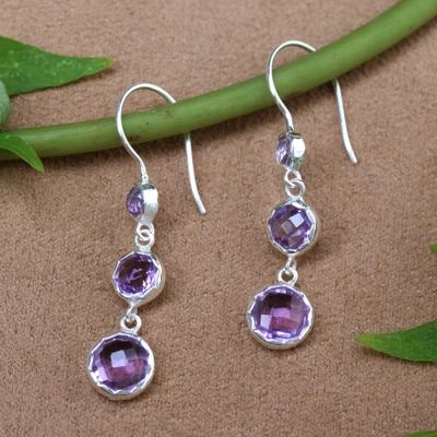 Amethyst dangle earrings, 'Triad of Wisdom' - Faceted 4-Carat Amethyst Sterling Silver Dangle Earrings