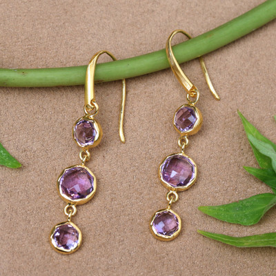 Gold-plated amethyst dangle earrings, 'Realm of Wisdom' - 18k Gold-Plated 6-Carat Faceted Amethyst Dangle Earrings