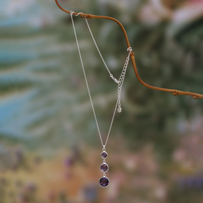 Amethyst pendant necklace, 'Triad of Wisdom' - Birthstone 11-Carat Faceted Round Amethyst Pendant Necklace