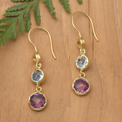 Gold-plated multi-gemstone dangle earrings, 'New Promise' - 5-Carat 18k Gold-Plated Bezel Multi-Gemstone Dangle Earrings