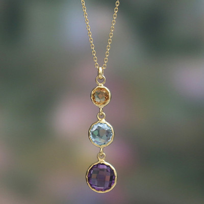 Gold-plated multi-gemstone pendant necklace, 'New Promise' - 2-Carat 18k Gold-Plated Multi-Gemstone Pendant Necklace