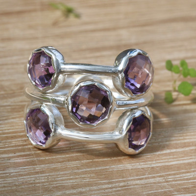 Amethyst cocktail ring, 'Purple Gates' - Avant-Garde 3-Carat Faceted Round Amethyst Cocktail Ring
