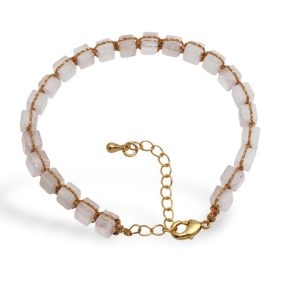 Gold-accented rose quartz beaded link bracelet, 'Strawberry Gin' - Gold-Accented Link Bracelet with Knotted Rose Quartz Stones