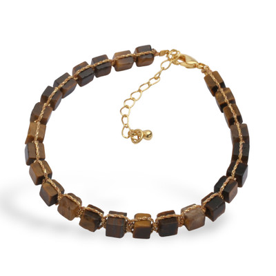 Gold-accented tiger's eye beaded link bracelet, 'Classic Chocolate' - Gold-Accented Link Bracelet with Knotted Tiger's Eye Beads