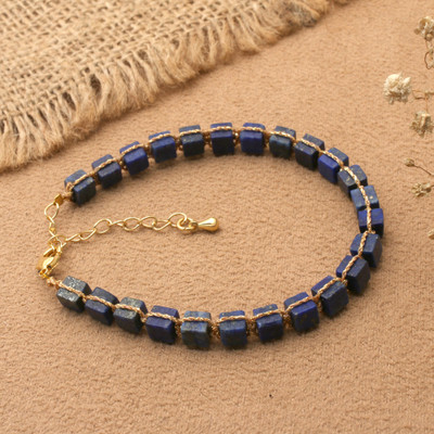 Gold-accented lapis lazuli beaded link bracelet, 'Midnight Margarita' - 18k Gold-Accented Bracelet with Knotted Lapis Lazuli Gems
