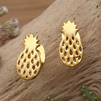 Gold-plated stud earrings, 'Mini Pineapple' - Openwork Pineapple-Themed Gold-Plated Brass Stud Earrings
