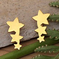Gold-plated button earrings, 'My Shooting Stars' - Gold-Plated Brass Button Earrings with Shooting Stars Motif