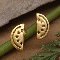 Gold-plated button earrings, 'Sweet Watermelon' - Watermelon Slice-Shaped Gold-Plated Brass Button Earrings