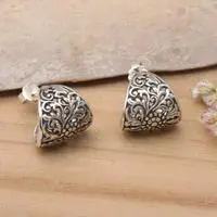 Sterling silver half-hoop earrings, 'Botanical Allure' - Silver Half-Hoop Earrings with Balinese Floral Swirl Motifs