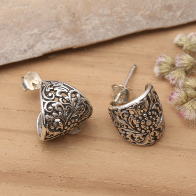 Sterling silver half-hoop earrings, 'Botanical Allure' - Silver Half-Hoop Earrings with Balinese Floral Swirl Motifs