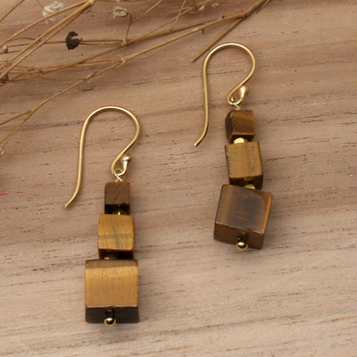 Gold-plated tiger's eye beaded dangle earrings, 'Classic Chocolate' - Dangle Earrings with Tiger's Eye and Gold-Plated Brass Beads