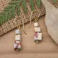 Gold-plated jasper beaded dangle earrings, 'Magical Galaxy' - Square-Themed Gold-Plated Jasper Beaded Dangle Earrings