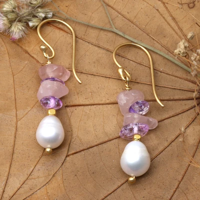 Gold-plated multi-gemstone beaded dangle earrings, 'Galaxy Margarita' - Gold-Plated Cultured Pearl Amethyst and Rose Quartz Earrings