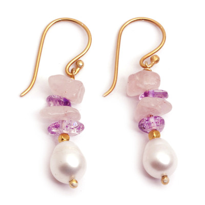 Gold-plated multi-gemstone beaded dangle earrings, 'Galaxy Margarita' - Gold-Plated Cultured Pearl Amethyst and Rose Quartz Earrings