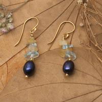 Gold-plated multi-gemstone beaded dangle earrings, 'Galaxy Fantasy' - 18k Gold-Plated Cultured Pearl Aquamarine Citrine Earrings