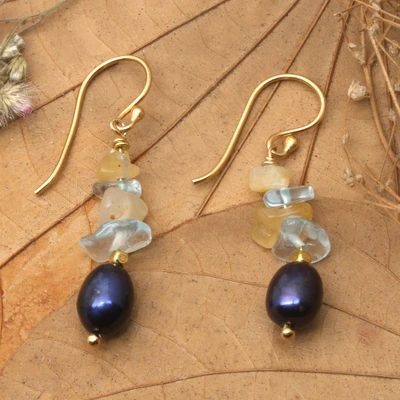 Gold-plated multi-gemstone beaded dangle earrings, 'Galaxy Fantasy' - 18k Gold-Plated Cultured Pearl Aquamarine Citrine Earrings