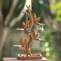Wood jewelry stand, 'Tree of Soul' - Tree Perching Bird-Themed Hand-Carved Wood Jewelry Stand