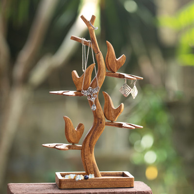 Wood jewelry stand, 'Tree of Soul' - Tree Perching Bird-Themed Hand-Carved Wood Jewelry Stand