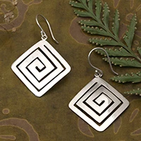 Sterling silver dangle earrings, 'Spiral Geometry' - Minimalist Square-Shaped Sterling Silver Dangle Earrings