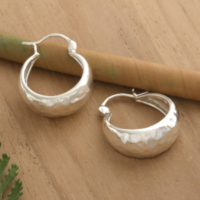 Sterling silver hoop earrings, 'Glowing Signs' - Classic Hammered Sterling Silver Hoop Earrings from Bali