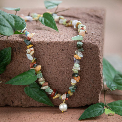 Gold-accented agate and cultured pearl beaded pendant necklace, 'Coral Beauty' - Gold-Accented Agate Cultured Pearl Beaded Pendant Necklace