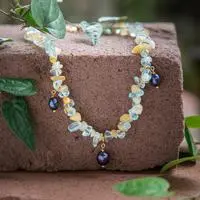 Gold-accented multi-gemstone beaded charm necklace, 'Galaxy Fantasy' - Citrine Aquamarine Cultured Pearl Gold Accent Charm Necklace
