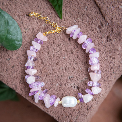 Gold-accented multi-gemstone beaded pendant bracelet, 'Galaxy Margarita' - Gold-Accented Rose Quartz Amethyst Cultured Pearl Bracelet