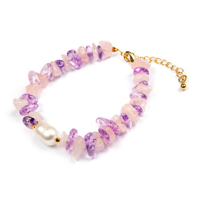 Gold-accented multi-gemstone beaded pendant bracelet, 'Galaxy Margarita' - Gold-Accented Rose Quartz Amethyst Cultured Pearl Bracelet