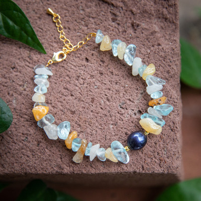 Gold-accented multi-gemstone beaded pendant bracelet, 'Galaxy Fantasy' - 18k Gold-Accented Citrine Aquamarine Pearl Pendant Bracelet