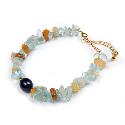 Gold-accented multi-gemstone beaded pendant bracelet, 'Galaxy Fantasy' - 18k Gold-Accented Citrine Aquamarine Pearl Pendant Bracelet